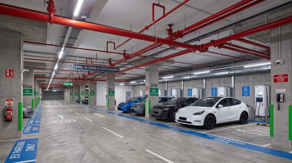 地下駐車場の閉鎖空間におけるスプリンクラー設備とEV充電器の設置エリア