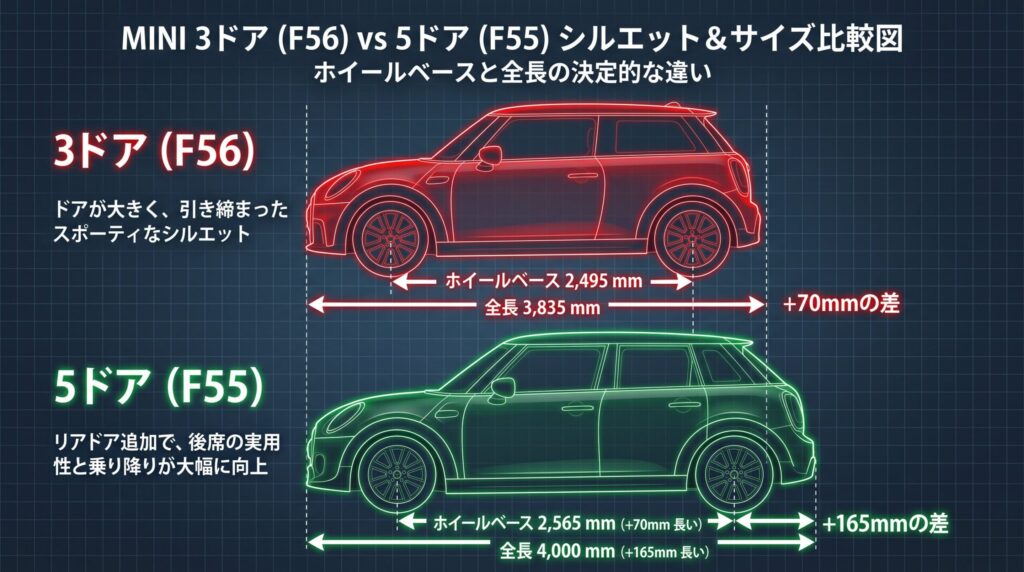 MINI 3ドアと5ドアのサイドビューシルエットとホイールベース寸法の比較図