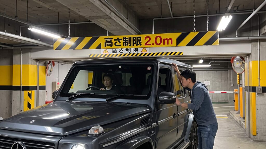 全高1.97mを超えるメルセデス・ベンツ Gクラスが立体駐車場の高さ制限バーを通過できるか検証するイメージ図