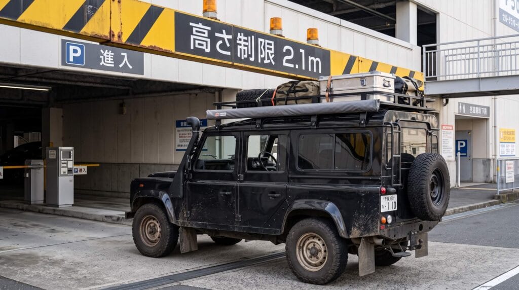 自走式立体駐車場の「高さ制限2.1m」バーの直下に迫る旧型ディフェンダー110のルーフエッジ