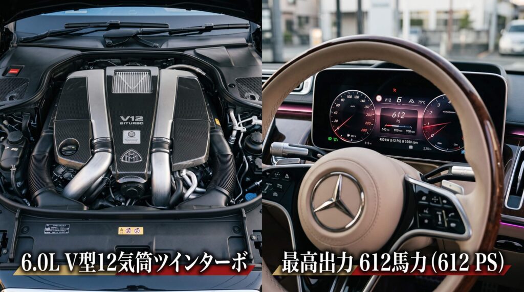マイバッハS680に搭載される6.0L V型12気筒ツインターボエンジンの外観と最高出力612馬力を示す計器類