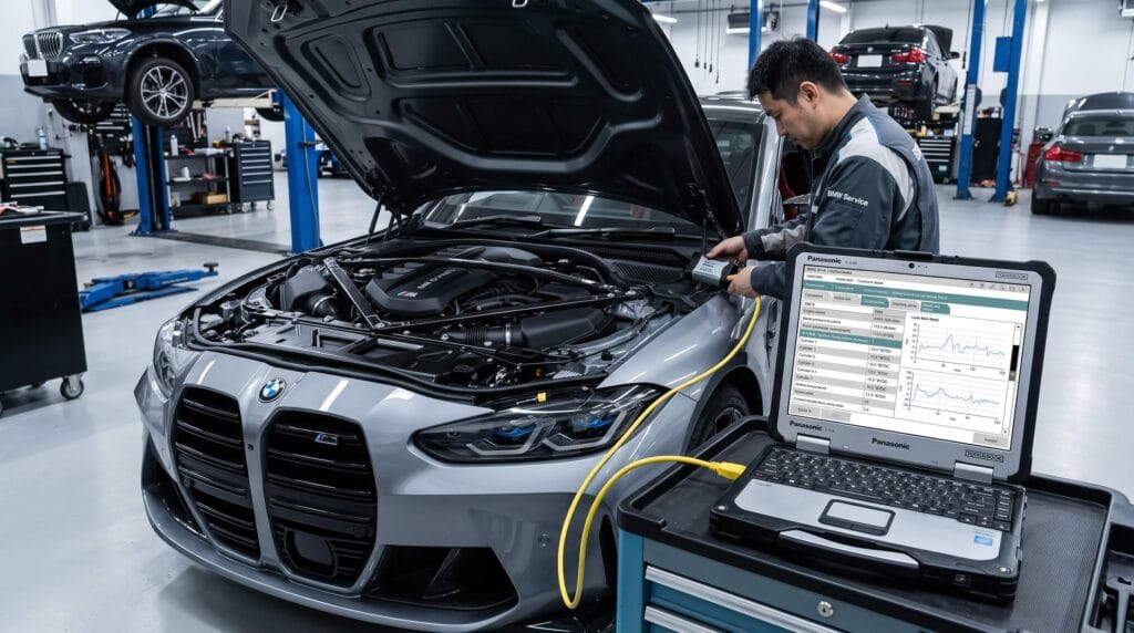 BMW専用診断テスターISTAを接続してS58エンジンのライブデータと点火進角を計測する整備工場ピット
