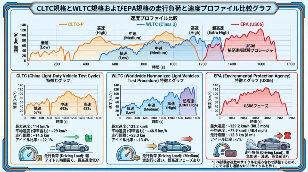 CLTC規格、WLTC規格、EPA（US06）規格における走行負荷と速度プロファイルの比較インフォグラフィックグラフ