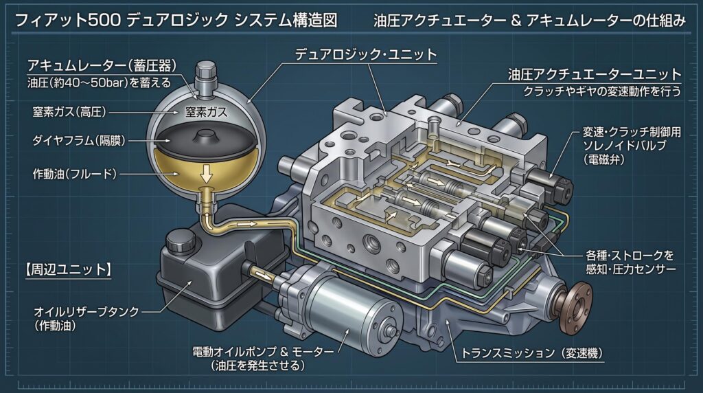 デュアロジックの油圧アクチュエーターユニットとアキュムレーターの構造図