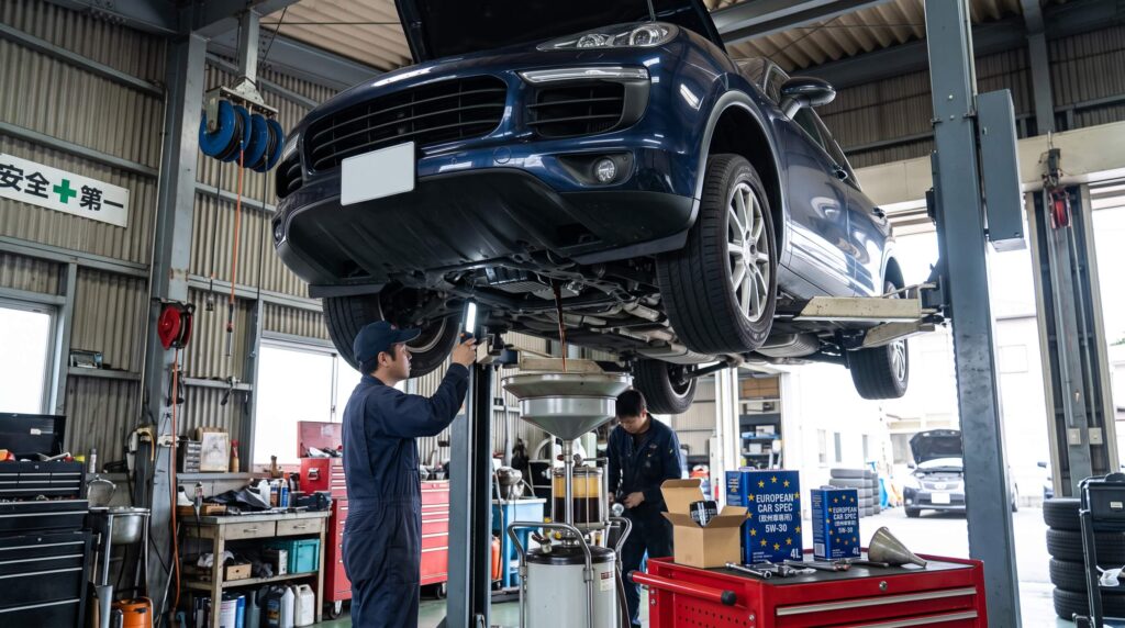 整備工場のリフトに上げられ下回り点検と専用オイル交換を受ける欧州SUVのメンテナンス風景