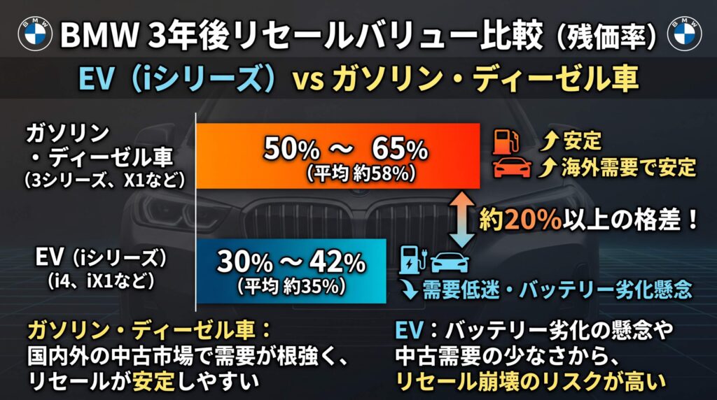 BMWのEV(iシリーズ)とガソリン・ディーゼル車の3年後リセールバリュー残価率比較チャート