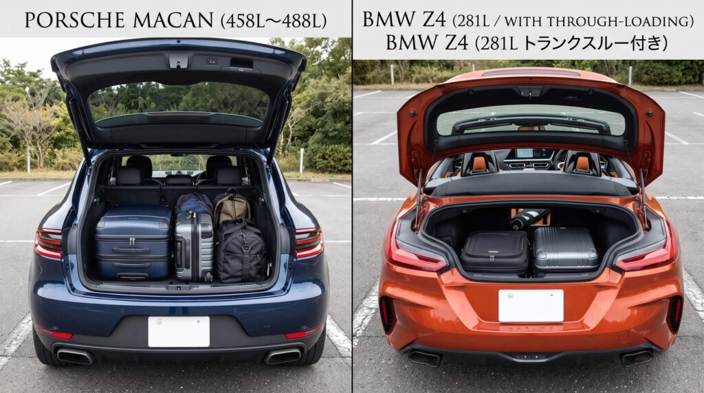 ポルシェ・マカン(458〜488L)とBMW Z4(281Lトランクスルー付き)のラゲッジスペース積載比較イメージ