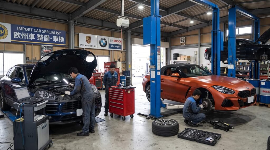 輸入車専門整備工場で点検を受けるポルシェ・マカンとBMW Z4のメンテナンス風景