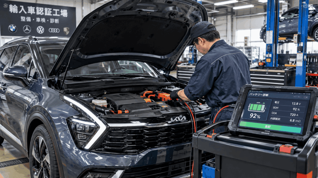 輸入車認証工場のピットで高電圧診断テスターを接続しバッテリー状態を点検するメカニック