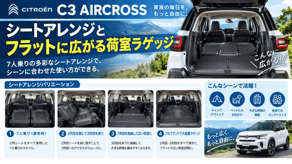 新型シトロエンC3エアクロスのシートアレンジと荷室の使い方。7人乗り、3列目格納、2列目・3列目を倒したフラットなラゲッジスペースを図解