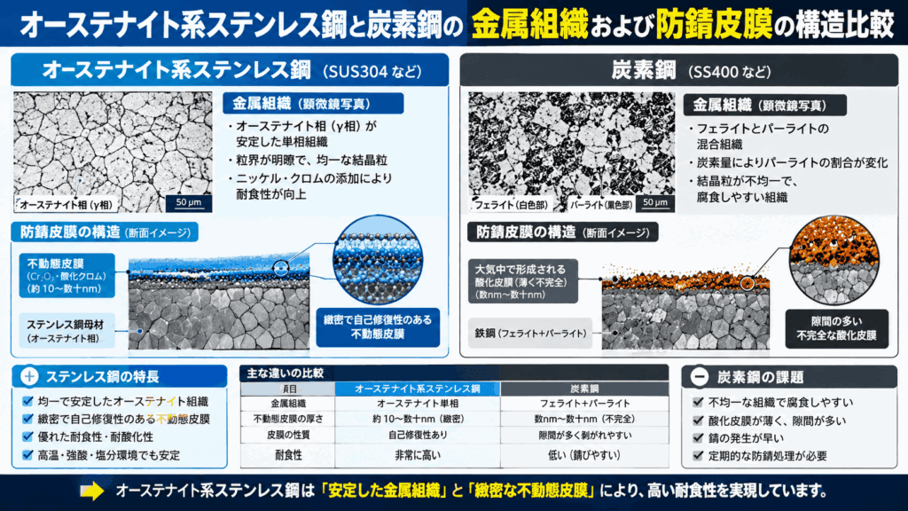 オーステナイト系ステンレス鋼と炭素鋼の金属組織および防錆皮膜の構造比較