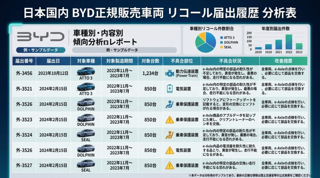 日本国内におけるBYD正規販売車両（ATTO3、DOLPHIN、SEAL）のリコール届出履歴の分析表